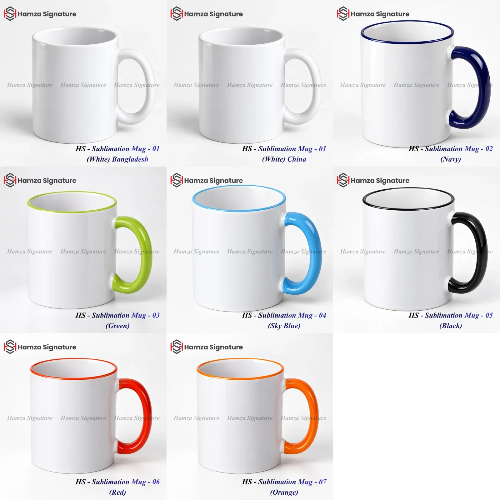 Eight ceramic sublimation mug variants in white and coloured handles
