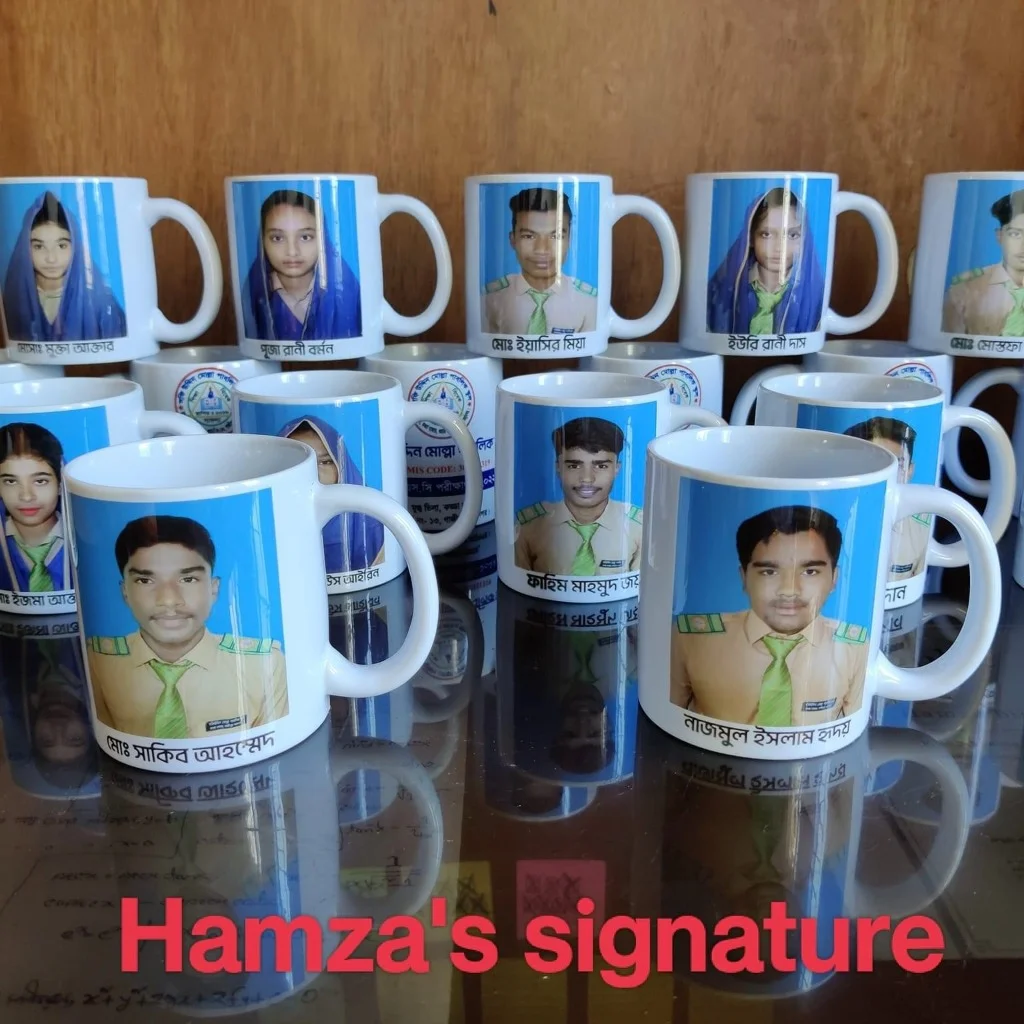 Custom printed ceramic sublimation mugs with student portraits and blue handles