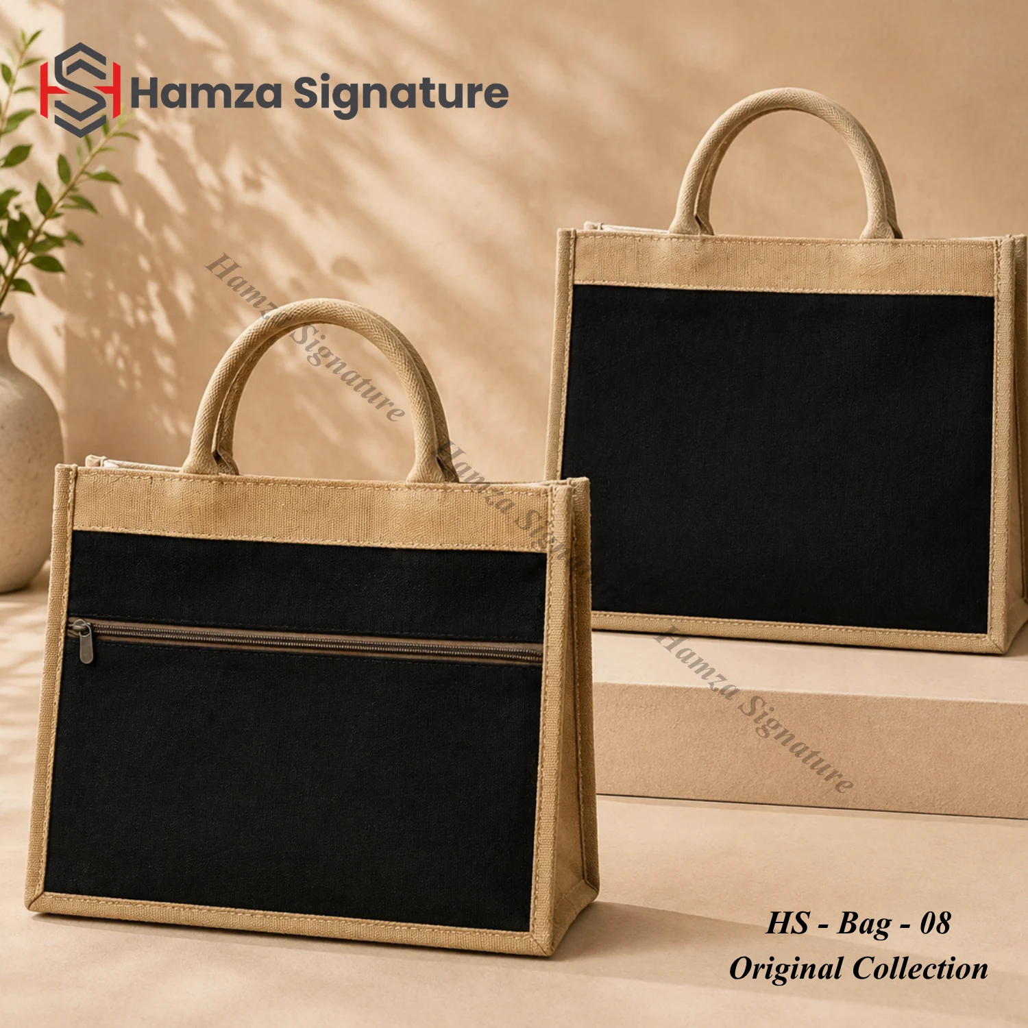 Black jute-cotton tote bag with natural trim and zip pocket