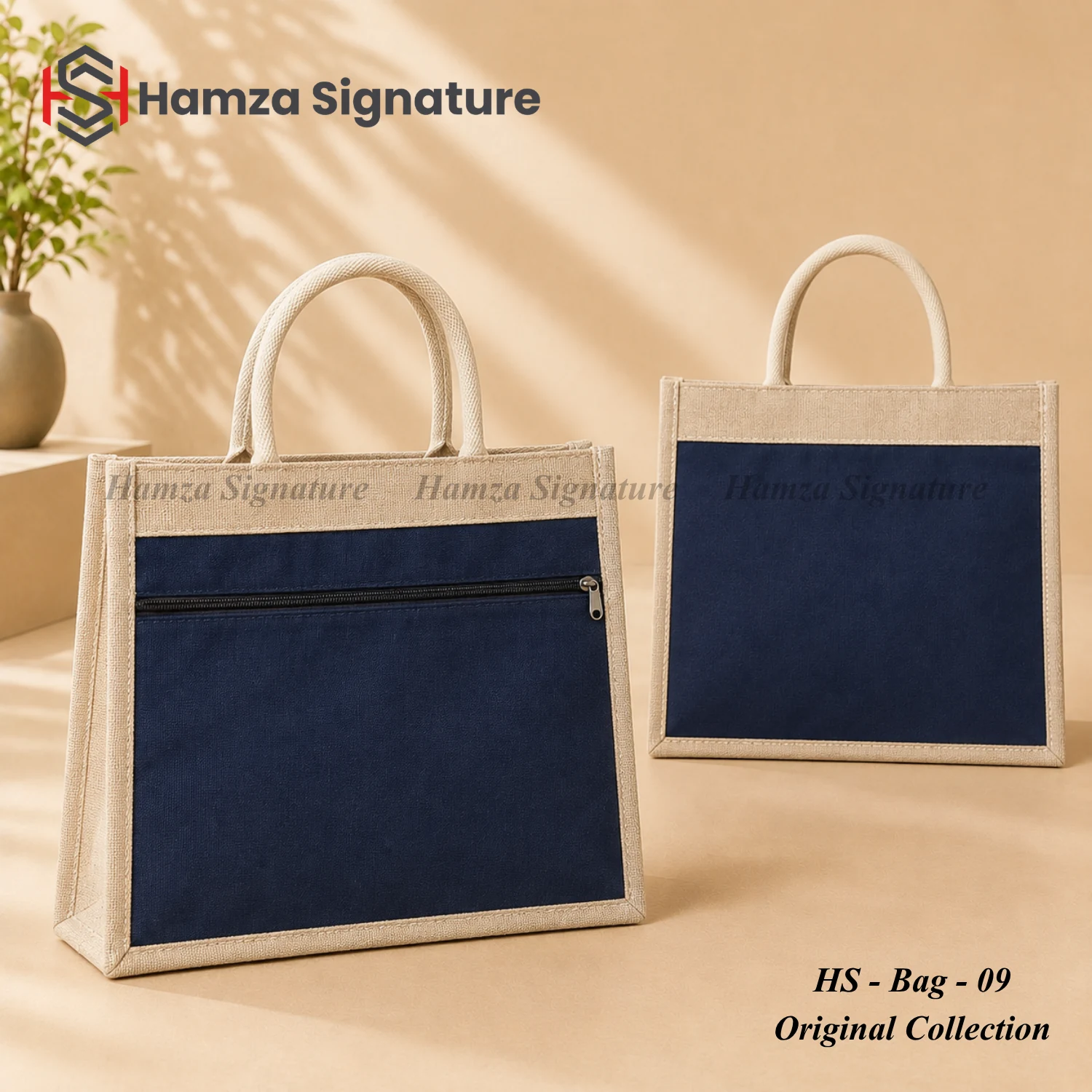 Navy jute-cotton tote bag with natural trim and zip pocket