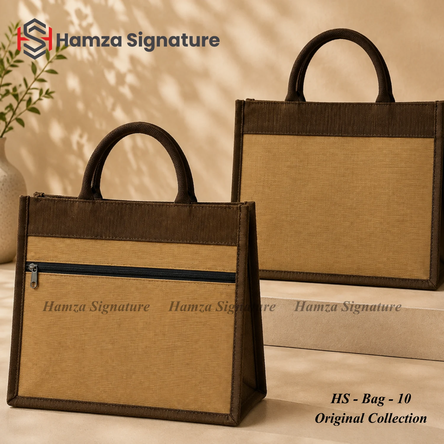 Natural jute-cotton tote with dark brown trim and zip pocket