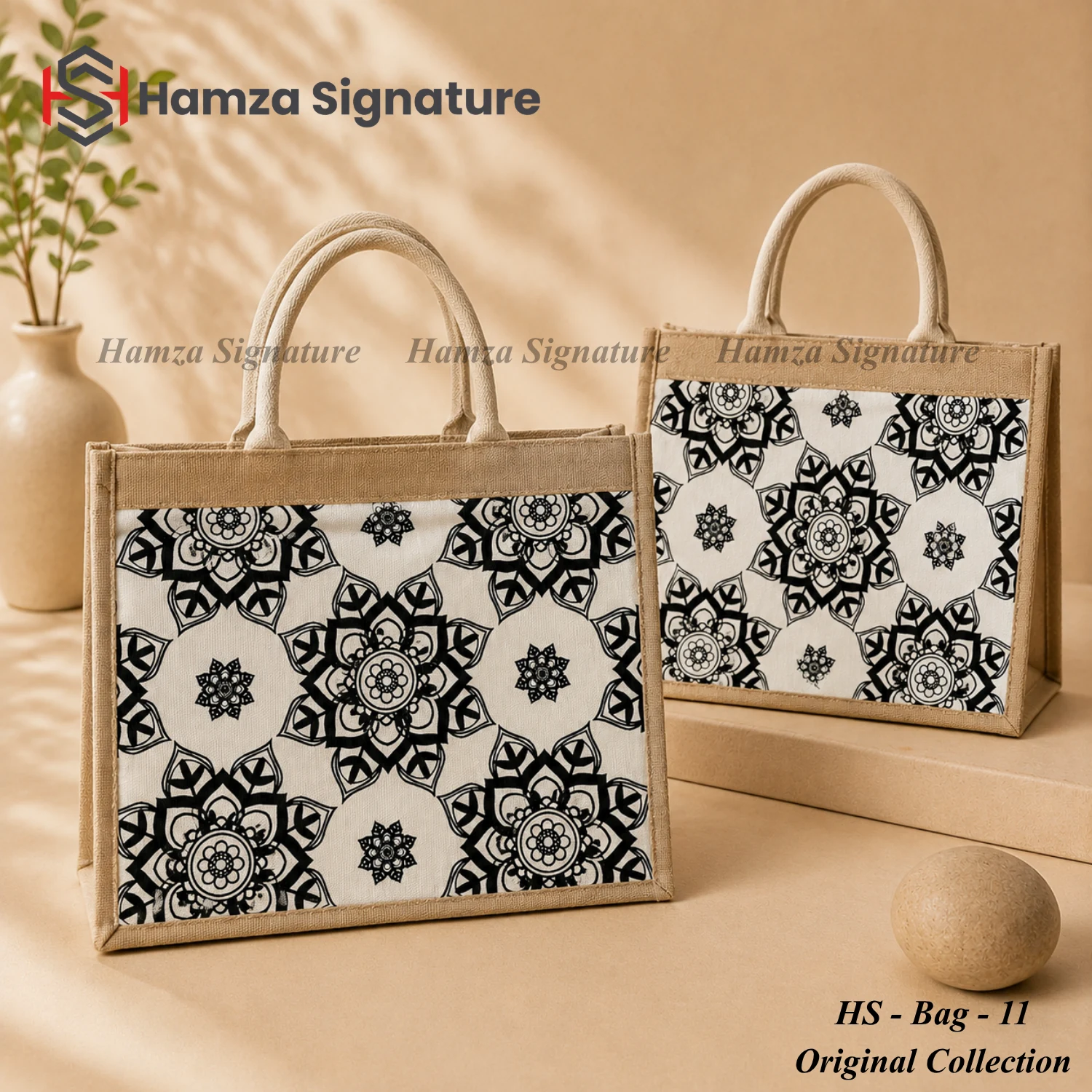 Black and cream floral-pattern jute-cotton tote bag