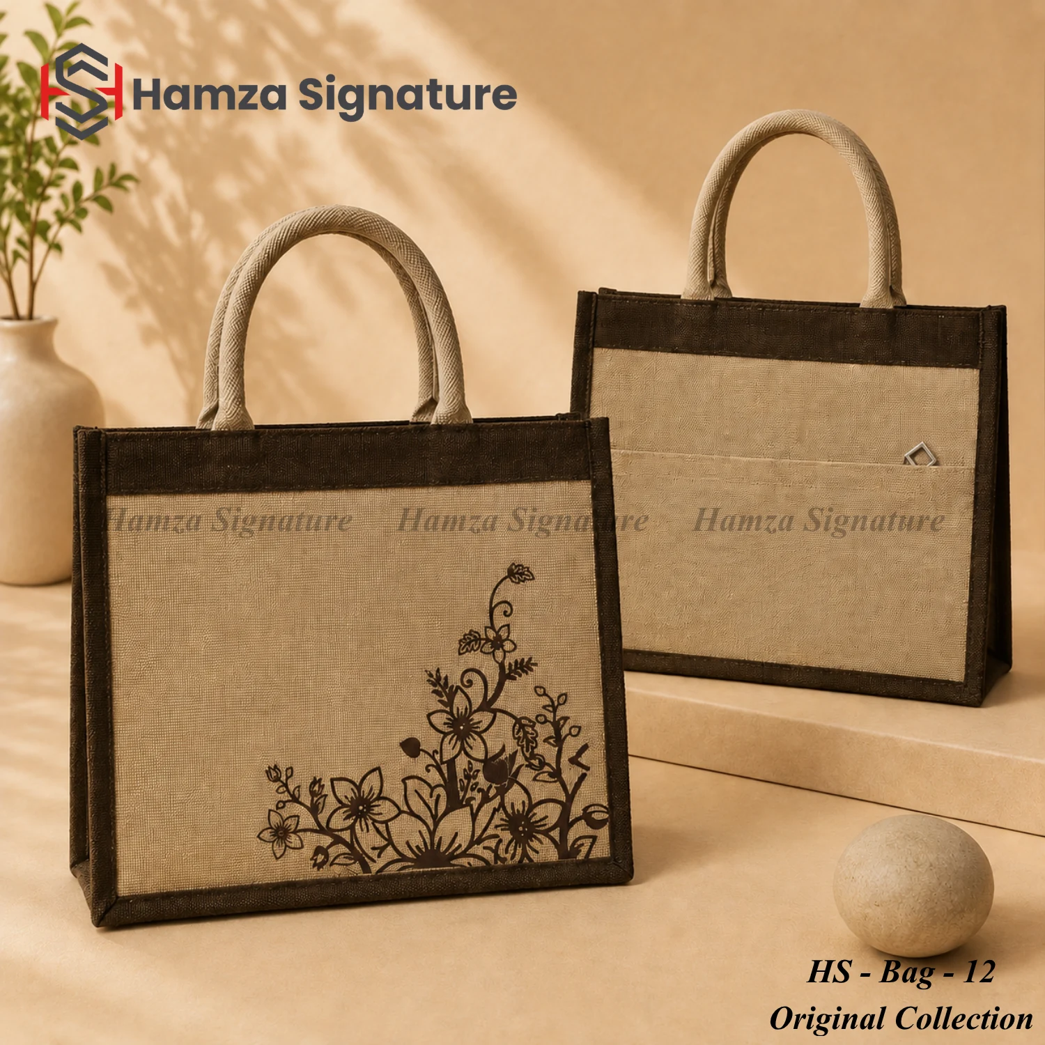 Natural jute-cotton tote with dark brown trim and floral print