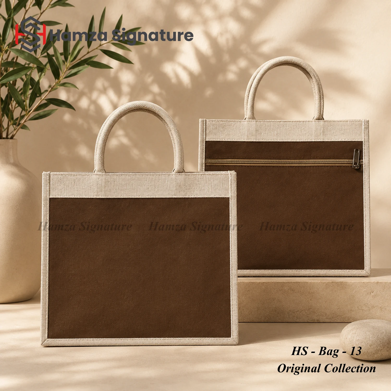 Cocoa brown jute-cotton tote with light natural trim