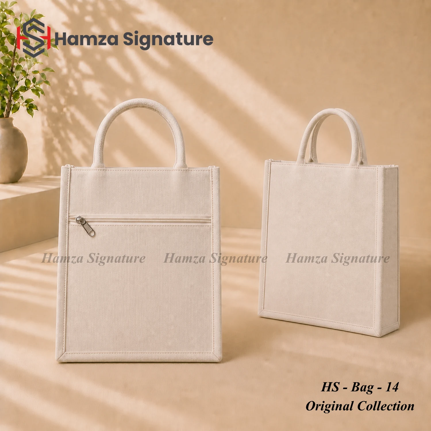 Tall natural jute-cotton tote with front zip pocket