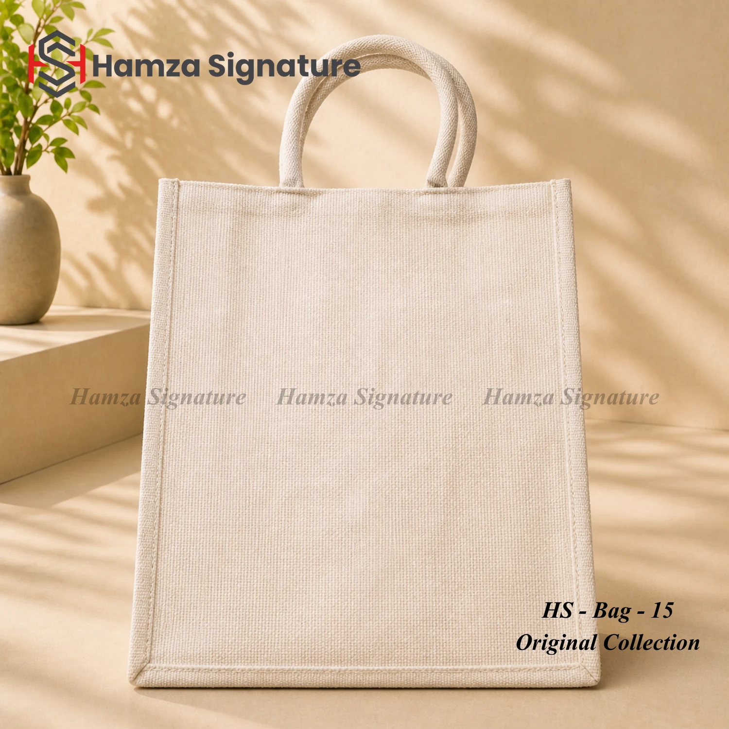 Minimal natural jute-cotton tote bag with short rounded handles