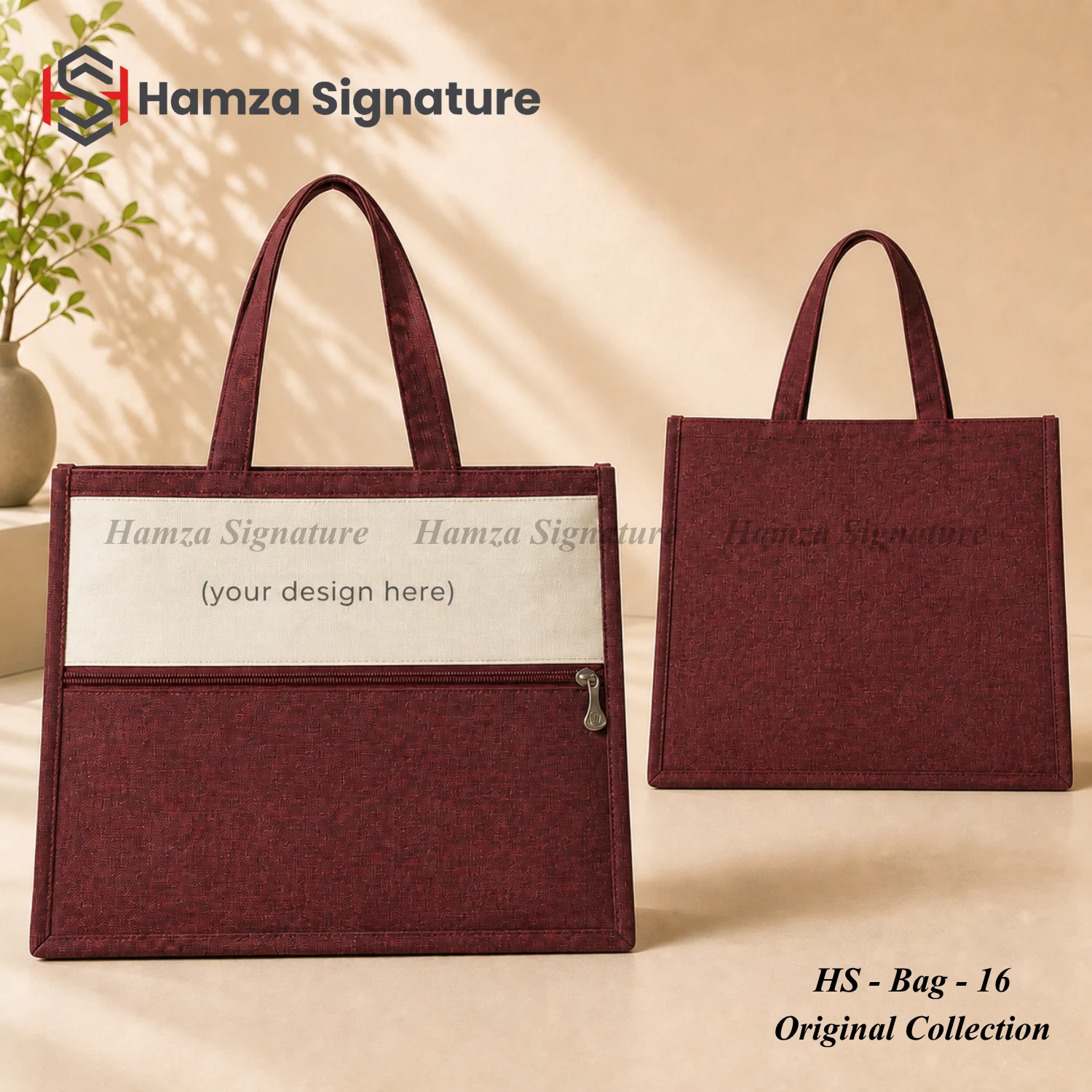 Burgundy tote bag with custom-design panel and zip pocket