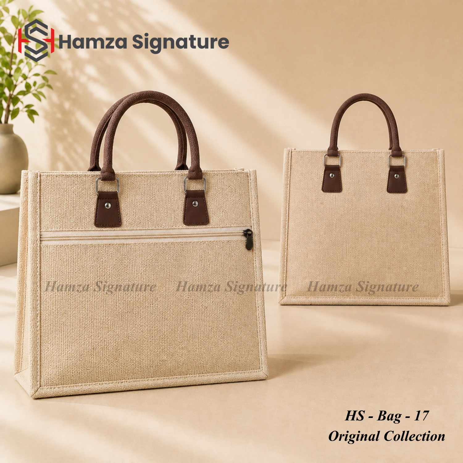 Natural jute-cotton tote with brown handles and front zip pocket