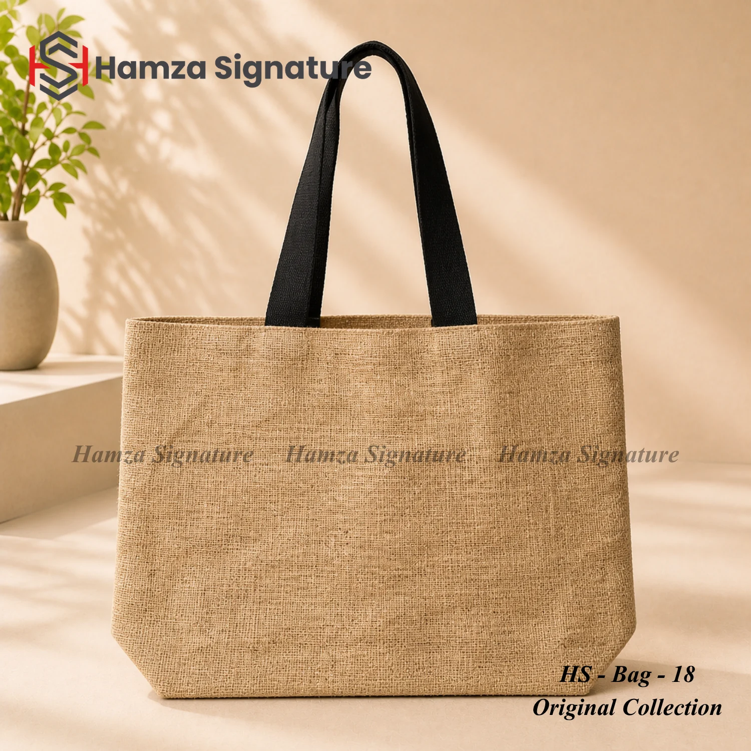 Wide natural fine-jute market tote with long black straps