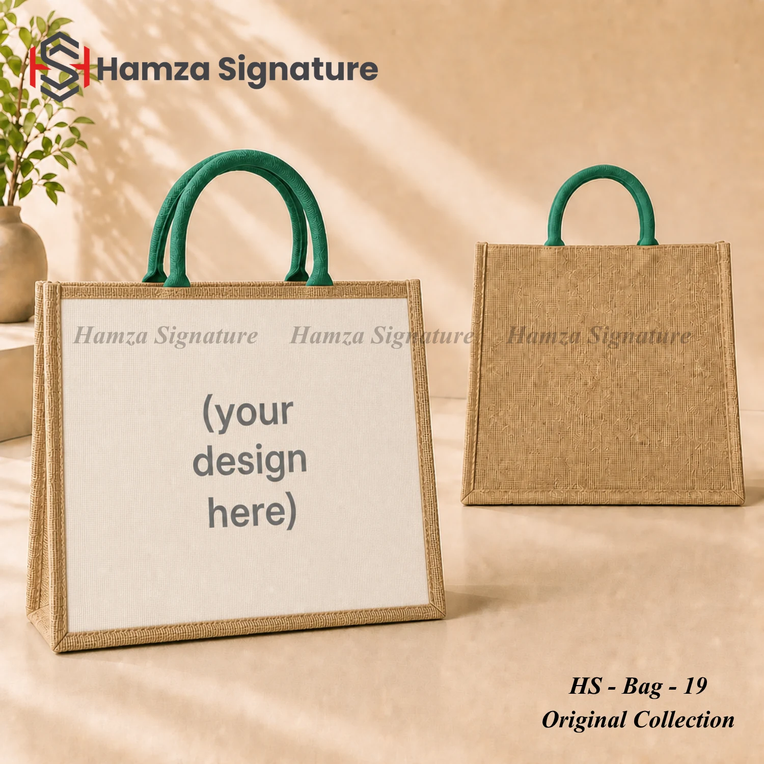 Fine-jute tote with large custom-design panel and green handles