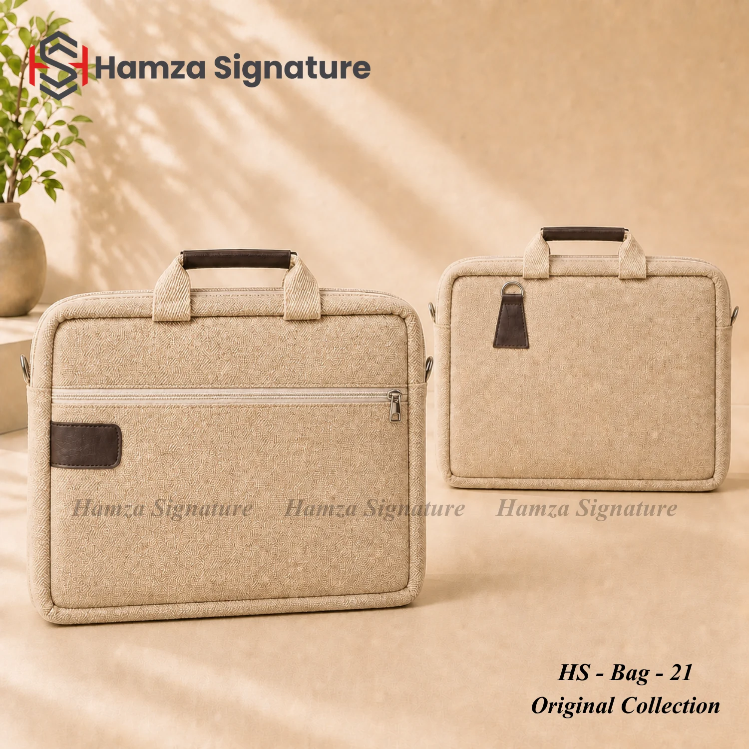 Padded natural jute-cotton executive bag with short handles