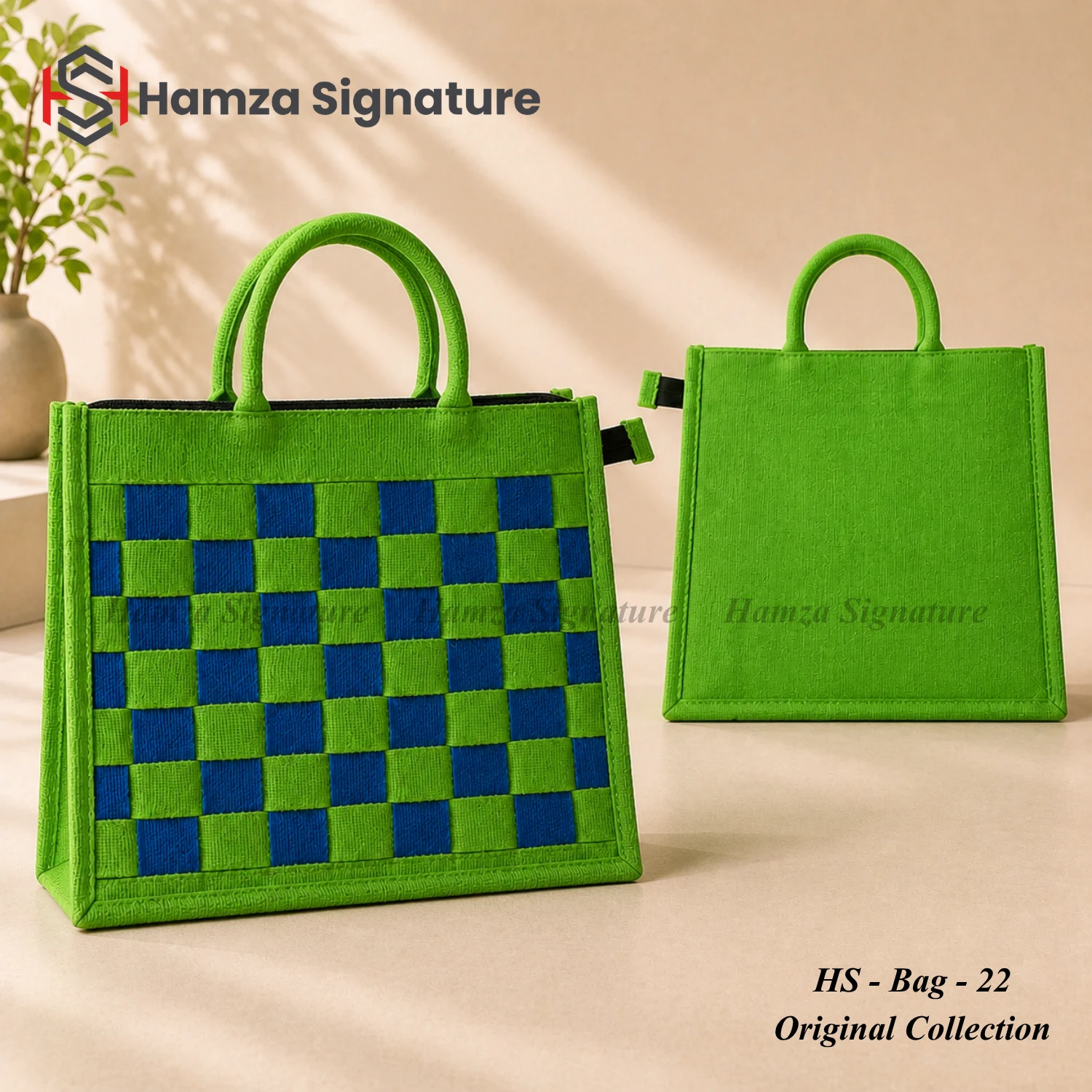 Bright green fine-jute tote with blue woven checker pattern