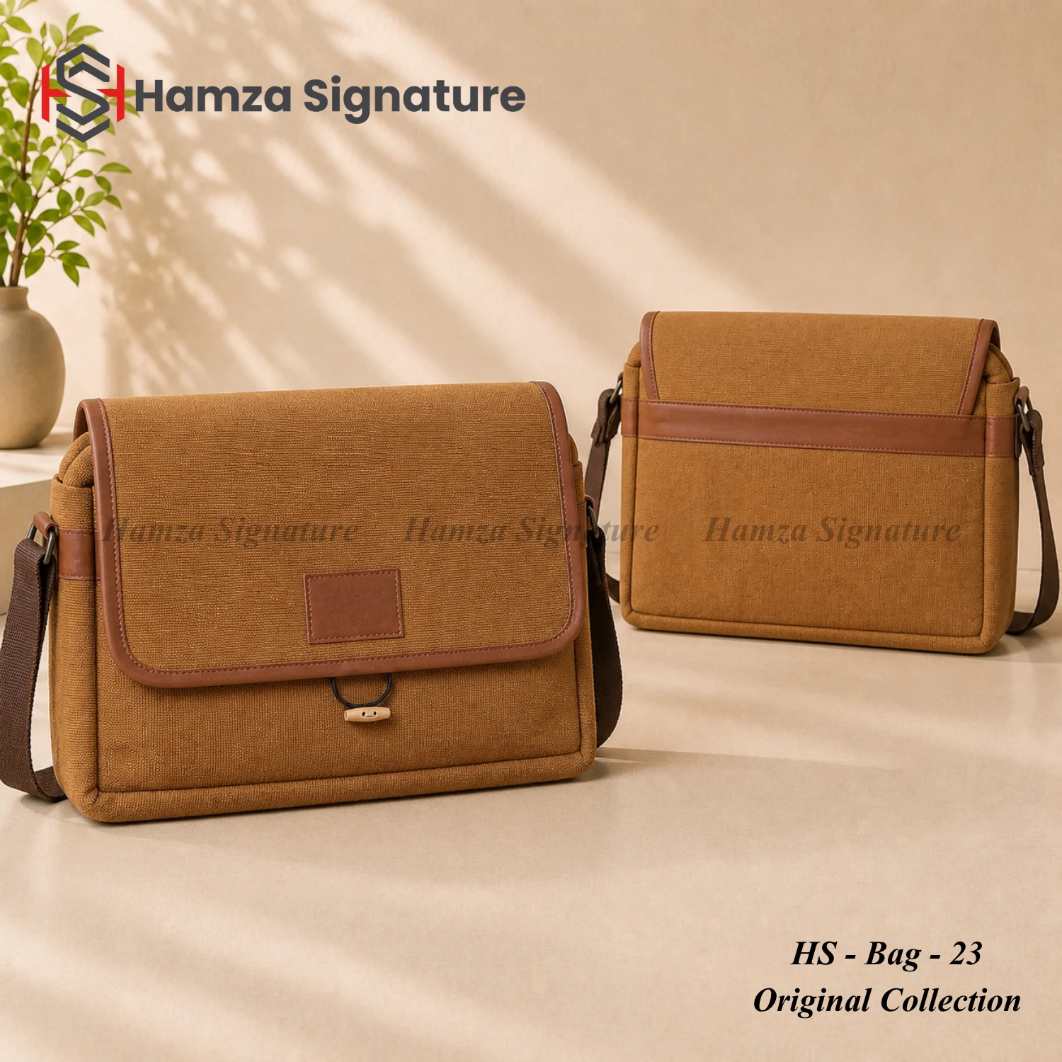 Tan jute-cotton messenger bag with brown trim and shoulder strap