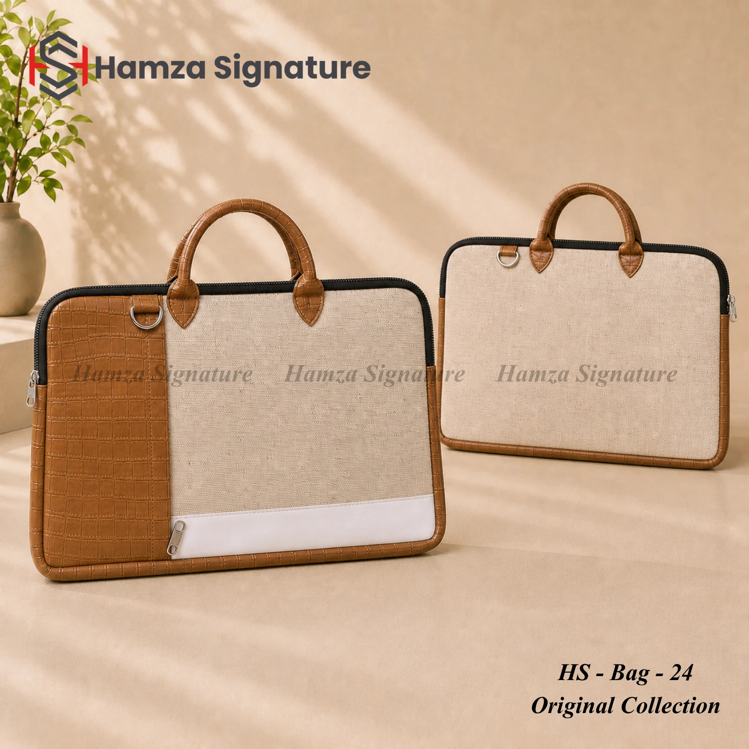 Natural jute-cotton laptop bag with brown structured trim
