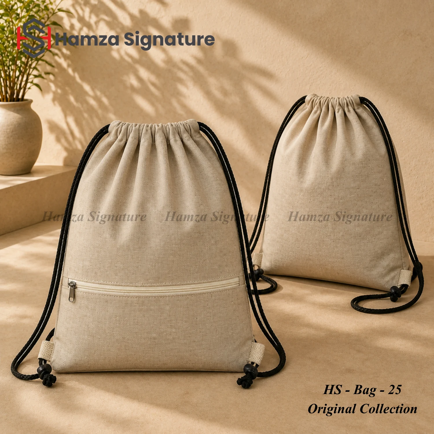 Natural jute-cotton drawstring backpack with black cords