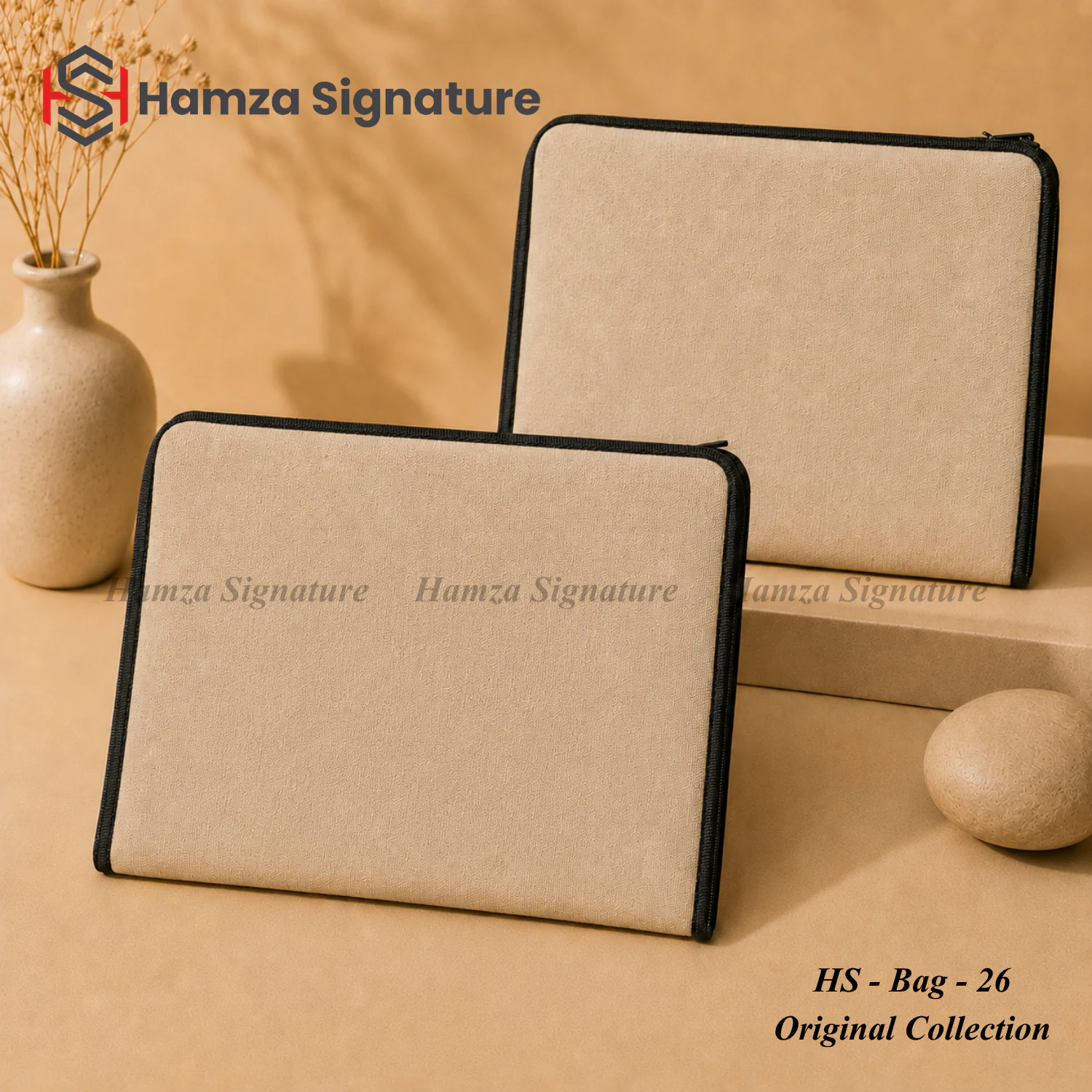 Two natural textured document holders with black zip-around trim
