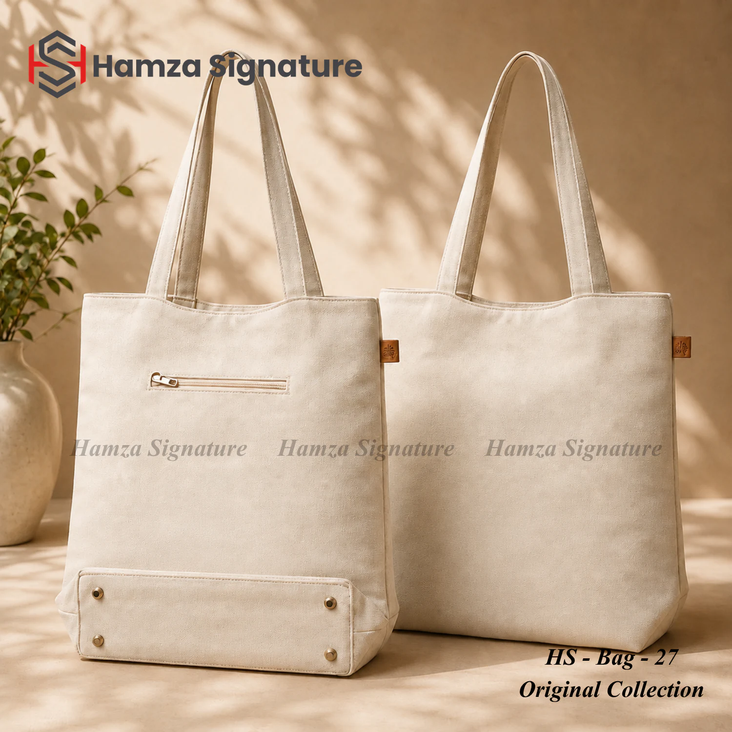Natural textured shoulder tote shown from front and back